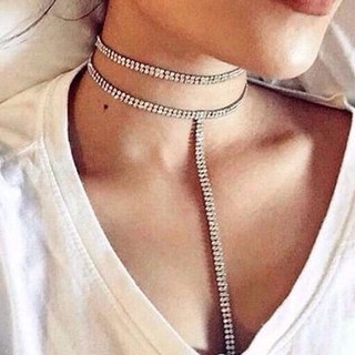 สร้อยโชคเพชรตัว T 2 เส้น สามารถใส่แยกได้ Tina Crystal Rhinestone Diamond Choker Necklace