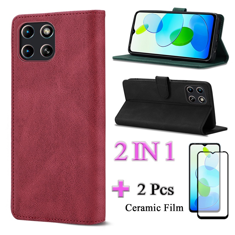 2 IN 1 Infinix Smart 6 HD X6512 เคสโทรศัพท์หนัง ฝาพับ พร้อมฟิล์มนิรภัย แบบโค้ง