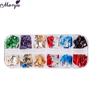 Monja สติ๊กเกอร์ฟอยล์สีทองสําหรับตกแต่งเล็บ 12 ช่อง / กล่อง