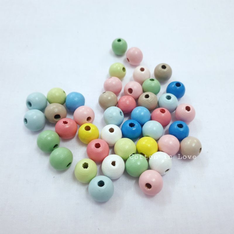ลูกปัดไม้ 12มม. สีพาสเทล 50เม็ด