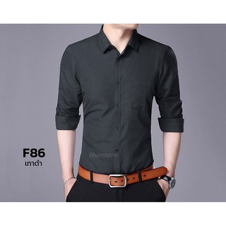 เสื้อเชิ้ตผู้ชายสีเทาดำผ้า Oxford ทรงเข้ารูป สลิมฟิต(slim fit)