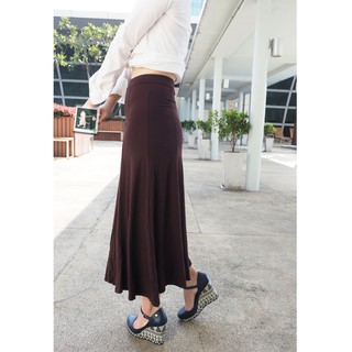 RINLIN กระโปรงยาว ทำงาน ออฟฟิศ เที่ยว ขอบยองยืด สีน้ำตาล ผ้านุ่ม Women Maxi Long Brown Wedding Officewear Casual Skirt