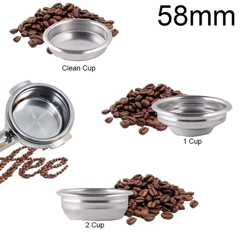 แท่นกรองกาแฟ ชนิดสเตนเลส ขนาด 58 มม. สำหรับเครื่องทำกาแฟ มีถ้วยรอง 2 ชิ้น ถ้วยกรอง 1 ชิ้น