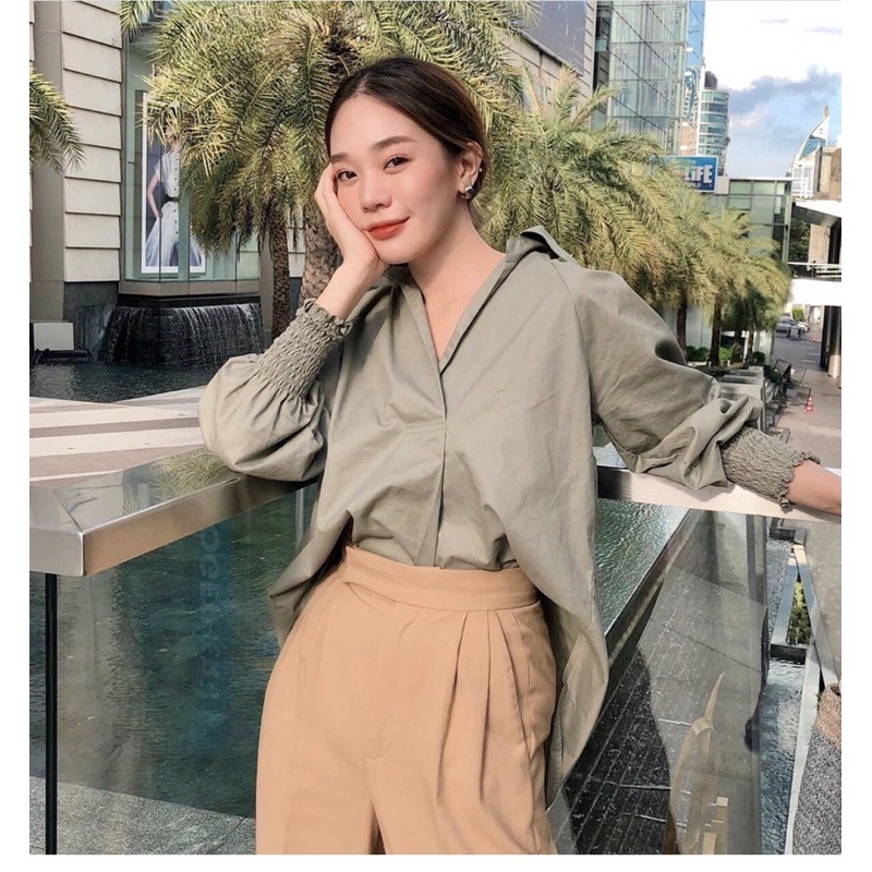 newlooksbkk WWT11 เสื้อเชิ้ตทรง Oversize คอปก แขนจั้ม