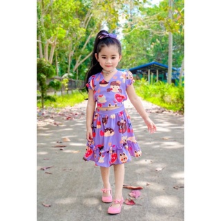 ชุดเด็กผู้หญิง❤️ชุดเซทน้องหมีเสื้อแขนตุ๊กตาผูกหลัง + กระโปรงบานน่าร๊ากก
