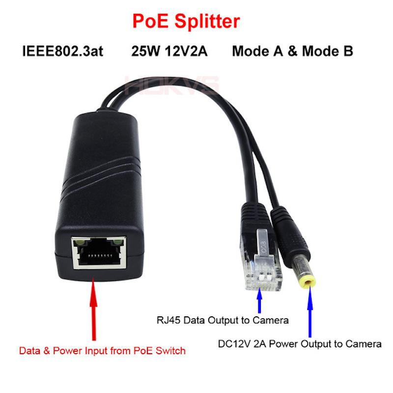 POE SPlitter IEEE 802.3at/afมาตรฐานDC 12โวลต์2A 25วัตต์ไฟฟ้าผ่านสายแลนสำหรับกล้องวงจรปิดรักษาความปลอดภัยเครือข่าย