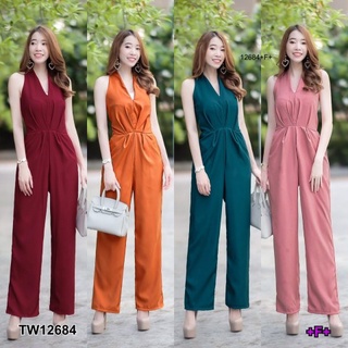 B12684 จั้มสูทแขนกุดขายาวเอวจับจีบ Long sleeveless jumpsuit with pleated waist