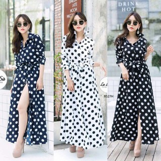 Maxi Dress แม็กซี่เดรสเชิ้ตแขนยาว ผ้าโฟร์เวย์ลายจุดเล็กทั้งตัว