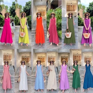 maxi dress shirts ชุดเดรสเชิ้ตคัวยาว แขนกุด ผ้าฝ้าย สีสดใส