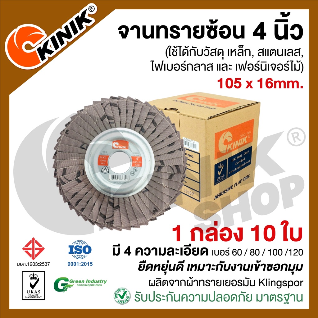 [กล่อง10ใบ] จานทรายซ้อนหลังอ่อน 4นิ้ว KINIK (ขนาด105 x 16mm. สีดำ) มี4เบอร์ #60 #80 #100 #120