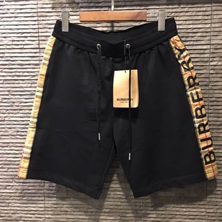 BURBERRY VINTAGE CHECK PANEL TRACK SHORTS IN BLACK กางเกงขาสั้นเอวยางยืด แบรนด์เบอเบอรี่ ผ้าคอตตอนสีดำ ลายสก็อต แถบข้าง