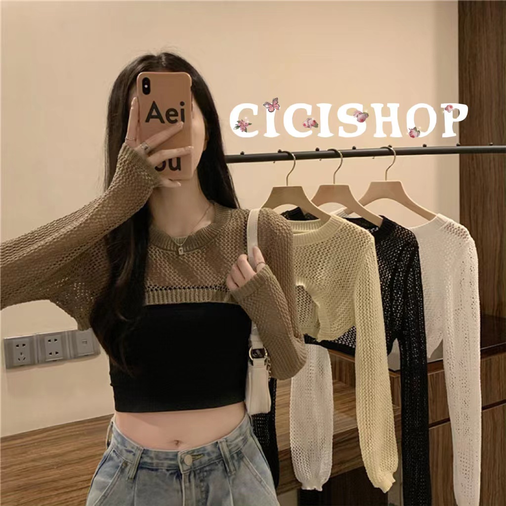 Cicishop(78040)เสื้อคลุมแขนยาวไหมพรมคอกลม ตาข่าย ซีทรูเพิ่มดีเทลเว้าหน้าอกสไตล์โคเรียเวอร์