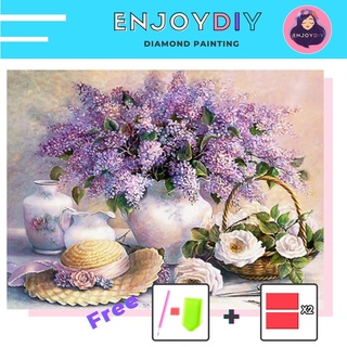 ครอสติสคริสตัล 5d diy diamond painting แบบเม็ด ลาย ดอกไลแลค (Lilac) ติดเต็ม เม็ดกลม EnjoyDIY พร้อมส่งจากไทย