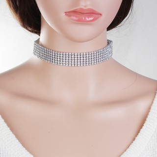 สร้อยคอ Choker แฟชั่น พลอย rhinestone ใส ล้อมกรอบสีเงิน ยาว 32.5 ซม. 1 เส้น