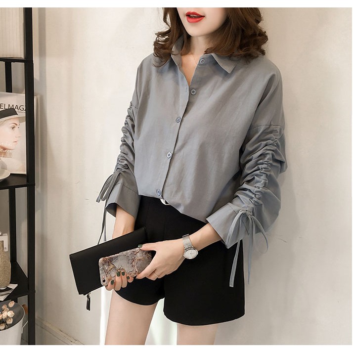 เสื้อเชิ้ตแต่งช่วงแขน สไตล์เกาหลี เสื้อทำงาน มีสีขาว เขียว เทาอมฟ้า สุภาพ ออฟฟิศ คอปก ผู้หญิง