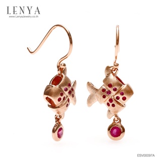 Lenya Jewelry คลาสสิค! ต่างหูเงินแท้ ชุบ Pink Gold ดีไซน์รูปปลาตะเพียน ประดับด้วยทับทิมสยามทั้งตัวปลาและตุ้งติ้ง