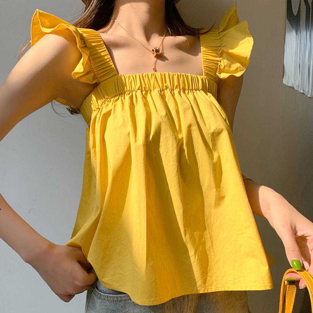 ใหม่เสื้อกล้ามสําหรับสตรีแขนกุดสีเหลืองทรงหลวมขนาดเล็กมีสายเข็มขัดรัดสไตล์ฝรั่งเศส
