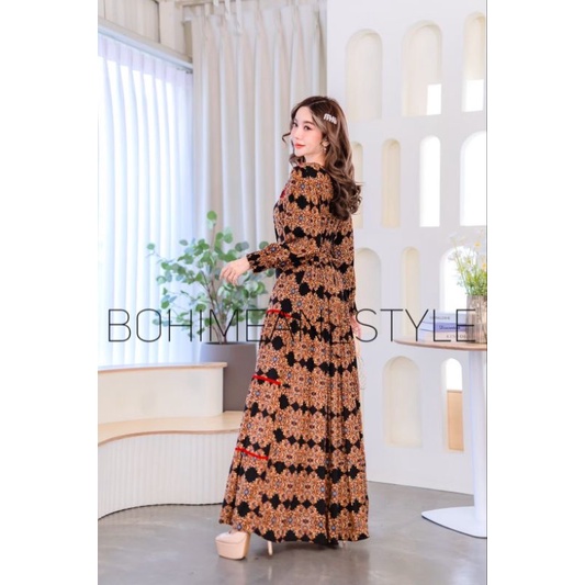 พร้อมส่ง Maxi dress Bohemian ชุดเดรสโบฮีเมียนสาวอวบผ้าพิมพ์ลายบาโลค เสื้อผ้าผู้หญิงอินเดีย ใส่เที่ยวใส่ออกงาน