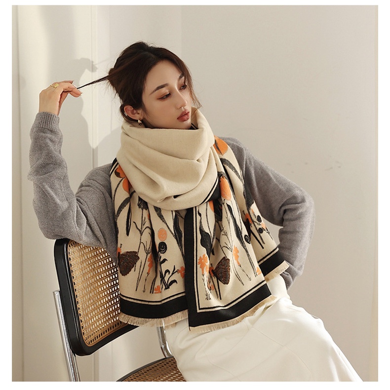 [Xiyanmeiwu] ผ้าคลุมไหล่ ผ้าพันคอ ผ้าแคชเมียร์เทียม ความยาวปานกลาง พิมพ์ลาย ประดับพู่ สไตล์เรโทร ให้ความอบอุ่น สําหรับผู้หญิง 60 * 1 - รูปที่ 6