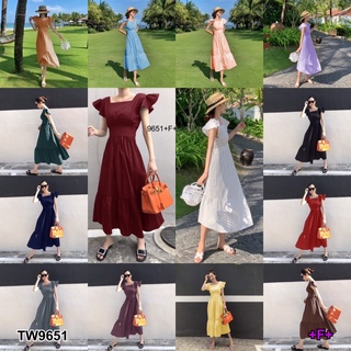 Maxi Dress เดรสยาว คอเหลี่ยม แขนระบาย ชายเดรสปล่อยสวิง ผูกโบว์หลัง ผ้าโฟร์เวย์สีพื้นสดใส   AP9651