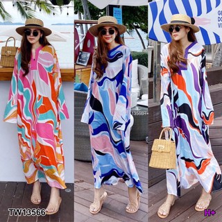 Maxi Dress เดรสยา คอวาย แขนยาว ทรงใส่สบายลายเก๋ ผ้า 100D พริ้วสวย สีจัดจ้าน