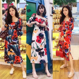 PE10177  Maxi Dress แม็กซี่เดรสคอเหลี่ยมแขนยาว ผ้าไหมอิตาลี่ พิมลายกราฟฟิกดอกไม้ทั้งชุด