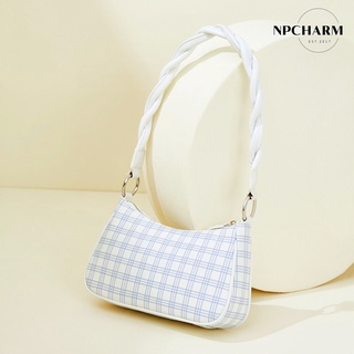 Hobo Bag [#NPCHB03] กระเป๋าสะพายไหล่ รุ่นนี้มาในโทนพาสเทล สีฟ้าตัดกับสีขาว ลายสก็อต พร้อมสายสะพายมีดีเทลน่ารักๆ