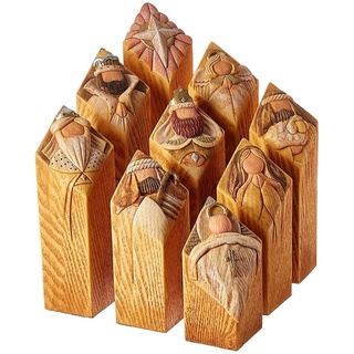 ✿ Nativity Set 9 Pcs Pillar Statues Wooden Heaven Nativity Tree Pillar Statue Sets for Christmas Home Indoor Church Decoration Figures from Bible Baby Jesus Statues