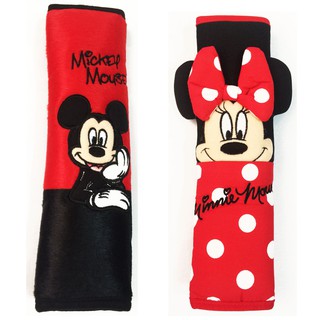 ลิขสิทธิ์แท้ มิกกี้เมาส์ &amp; มินนี่เม้าส์ แพ็คคู่ หุ้มเบลท์ รถยนต์ สีแดงดำ Mickey &amp; Minnie Mouse Seat Belt Cover