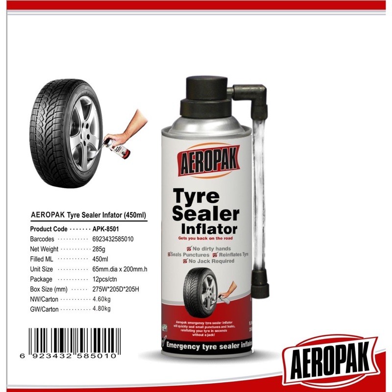 น้ำยาปะยาง ยางรั่ว ยางแบน ฉุกเฉิน อุดรอยรั่ว ล้อ รถยนต์ รถมอเตอรไซค์ ( AEROPAK Tire Sealer Inflator 