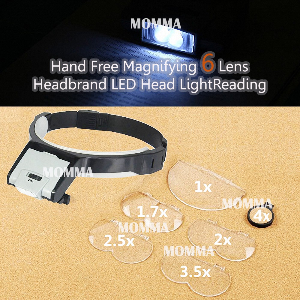 MOMMA แว่นตาคาดหัว แว่นขยายไร้มือจับ อ่านหนังสือ ไร้มือจับ แว่นขยาย ปรับเลนส์ 6ระดับ พร้อมไฟ 2 LED Magnifying 6Lens