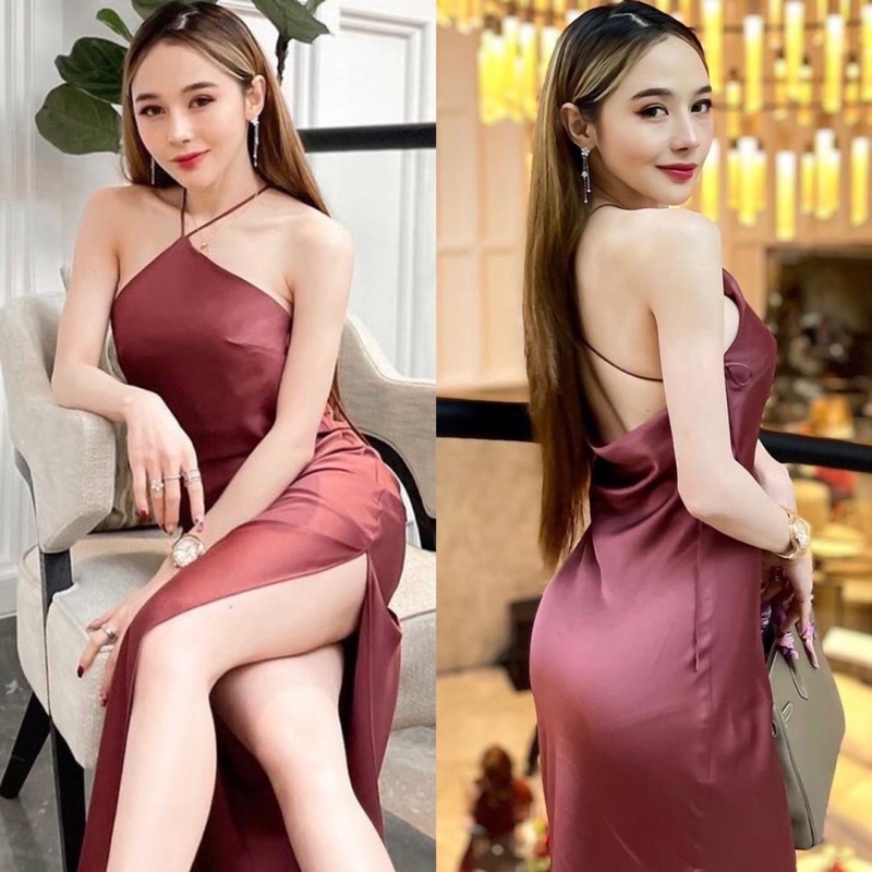 Lady_Sakura 505/DD.CB#เดรสยาวคล้องคอเว้าหลังเนื้อผ้าชาติน#เดรสออกงานผ่าข้าง