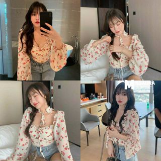 เซต 2 ชิ้น เสื้อชีฟองลายดอกเล็กๆ ทรงสวยแต่งแขนพอง มาพร้อมโชคเกอร์เข้าเซต