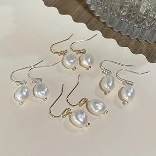 ต่างหูมุกแท้ บาร้อค ดอกไม้ กลม ก้านชุบทอง18K/ชุบเงินแท้ Genuine Pearl Baroque Flower Round Earring