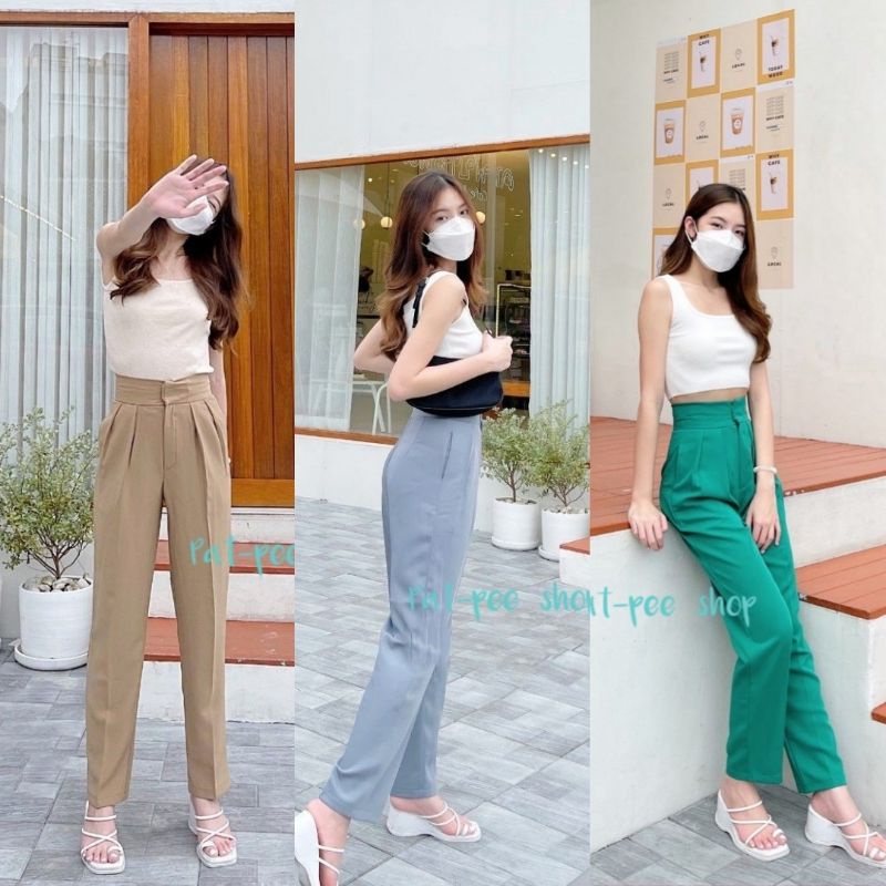 Cute🆙กางเกง​เอว​สูง​ทรง​ขา​กระบอก​เล็ก​ แต่งจีบ​หน้า​ ขอบ​เอว​หนา​ ซิป​หน้า​/ตะขอ​คู่​ ผ้า​เ​บ​ลล่า​ มี​8สี/4​ไซส์​