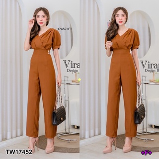 G17452 Jumpsuit จั้มสูท ขายาว ช่วงอกจับจีบ อกป้าย ทรงแขนพอง