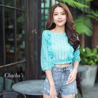 เสื้อครอปงานปักฉลุจั้มเอวระบายช่วงตัวและแขน