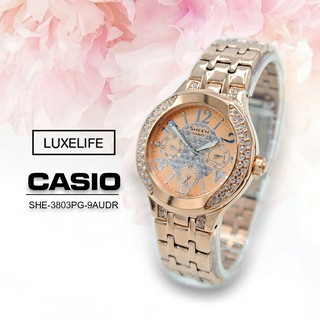 Casio Sheen- นาฬิกาข้อมือสตรี สายสแตนเลส รุ่น SHE-3803PG-9AUDR - สีพิงค์โกล