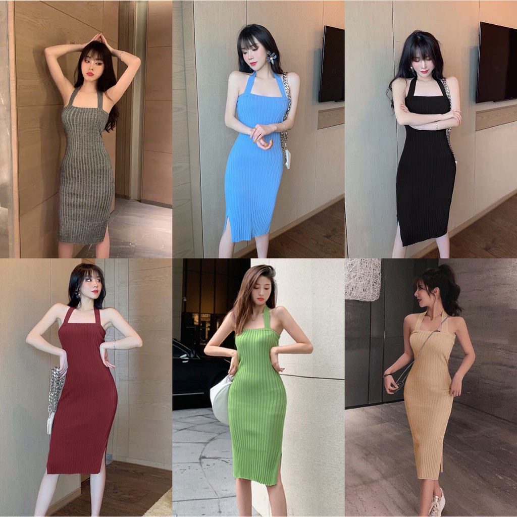 Cicishop พร้อมส่ง เดรสผ้าไหมพรมแต่งผ้าร่อง​ คล้องคอเว้าหลังเซ็กซี่(858)