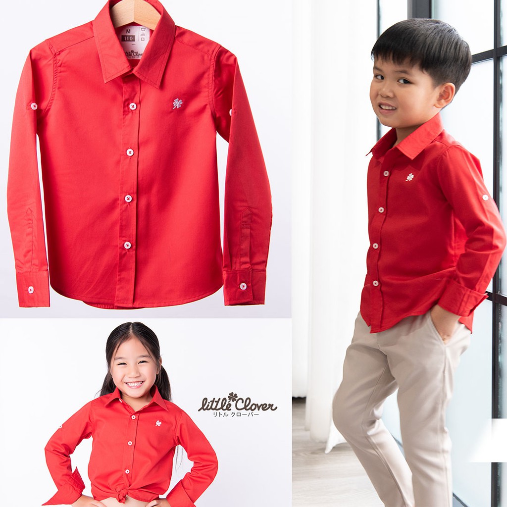 เสื้อเชิ้ตเด็กผู้ชาย แขนยาว สีแดง
