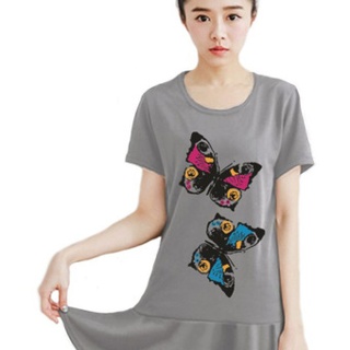 เสื้อยืดแฟชั่น ตัวยาว / แซกสั้น ผ้านุ่ม ลาย Twin Butterflies (สีเทา)