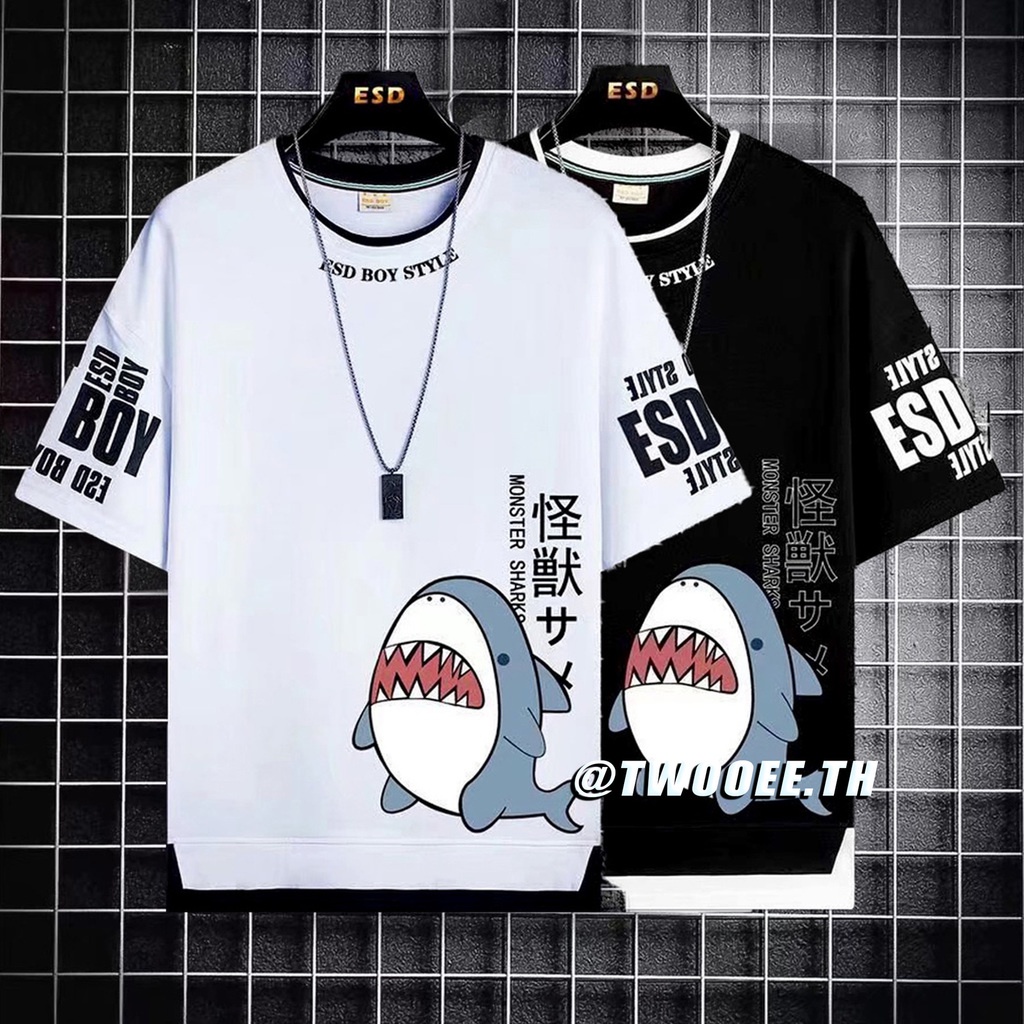 เสื้อยืดผู้ชาย พิมพ์ลายปลาฉลาม แฟชั่นฤดูร้อน สไตล์เกาหลี เสื้อยืดชาย