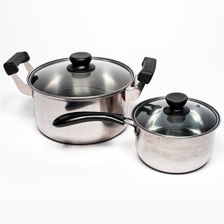 ชุดหม้อสแตนเลส 2 ใบพร้อมฝาครอบแก้ว 20CM/14CM Stainless Pots Set (สีเงิน)