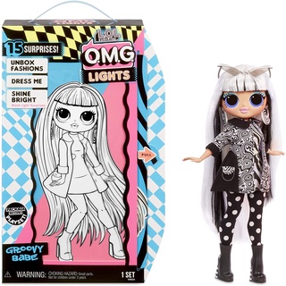 LOL Surprise OMG Lights Groovy Babe Fashion Doll with 15 Surprises Accessories Set Lol ชุดไฟเซอร์ไพรส์ OMG แฟชั่น อุปกรณ์เสริม สําหรับตุ๊กตา 15 ชิ้น