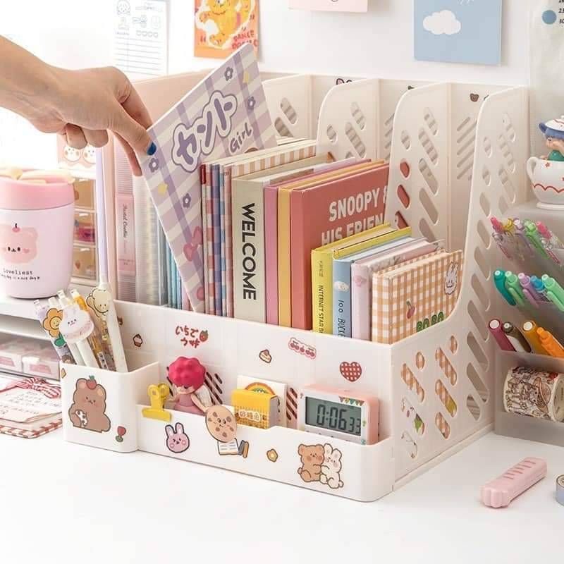 กล่องเก็บหนังสือ4ช่อง กล่องเก็บเอกสาร เครื่องเขียน ฟรีสติ๊กเกอร์