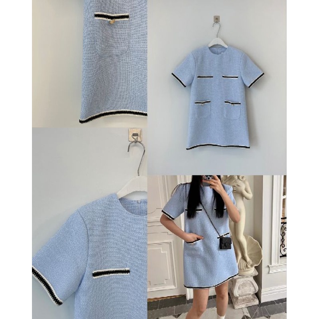 พร้อมส่ง2สี กรมท่าเข้ม ,ฟ้า เดรสสั้นผ้าทอ เดรสทำงาน D056 - รูปที่ 3