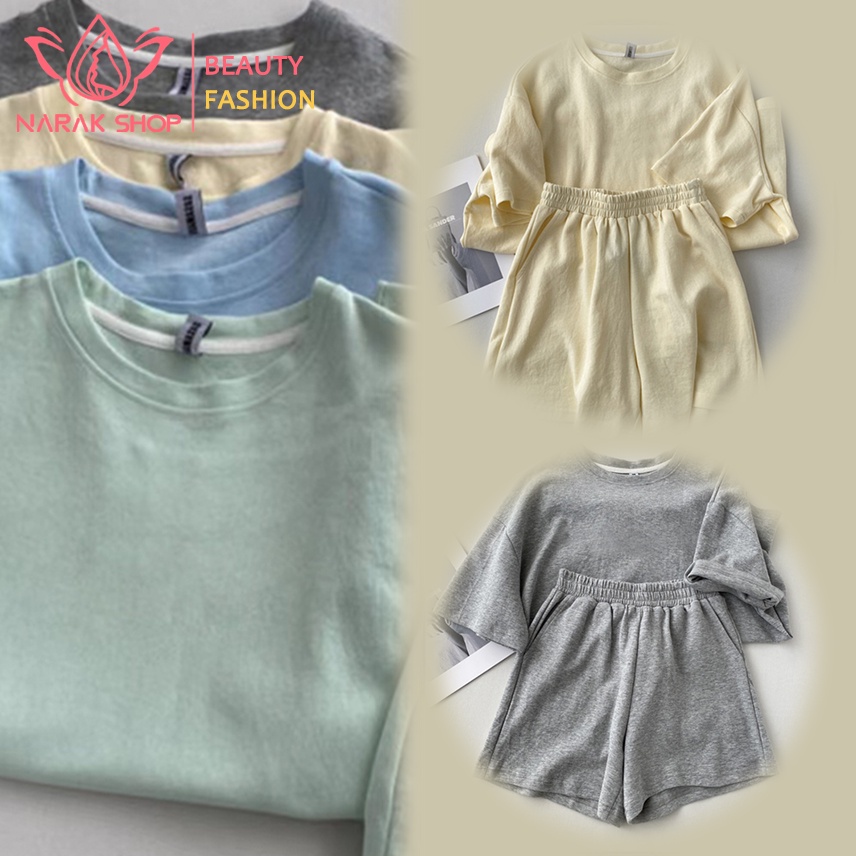 ชุดเซ็ตเสื้อแขนสั้่น ชุดเซ็ท2ชิ้น  คอกลม+กางเกงขาสั้นสีพื้น  สีพาสเทล น่ารักมากๆ