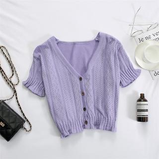 Shooting 2020 Korean Short Sleeve womens short V-neck T-shirt cardigan new white hollow thin top in summer