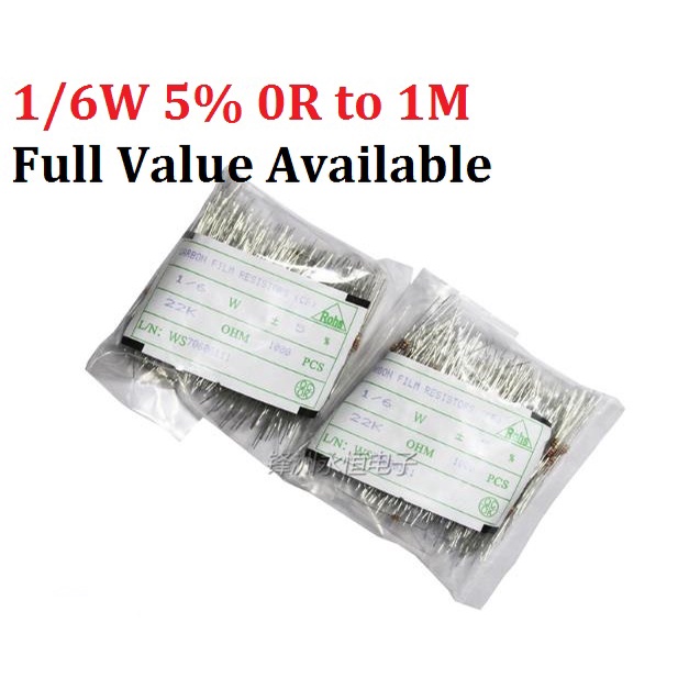 1000pcs 1/6W = 1/8W 1R ~ 1M 10K ohm 4.7k 2.2K 1K 100K 100R 4.7R ตัวต้านทานฟิล์มคาร์บอน 3/5/6/7/9/8.1