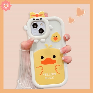 เคสโทรศัพท์มือถือ TPU นิ่ม แบบใส ลายการ์ตูนเป็ดน้อยน่ารัก 3D ผูกโบว์ สีเหลือง สําหรับ iPhone 11 13 12 14 Pro MAX 7plus XR X XS MAX 7 8 6 6S 14 Plus SE 2020